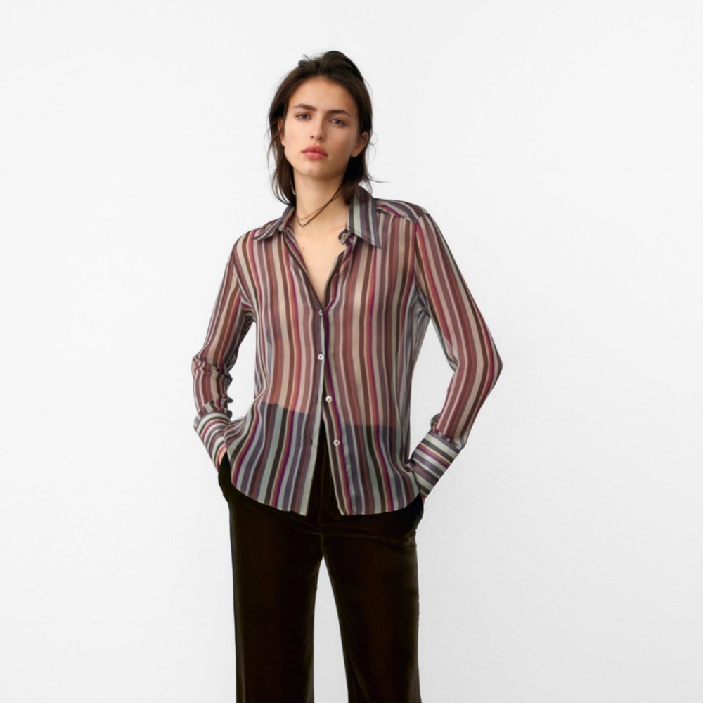 Zara Semi Sheer Multicolored Striped Top Size M